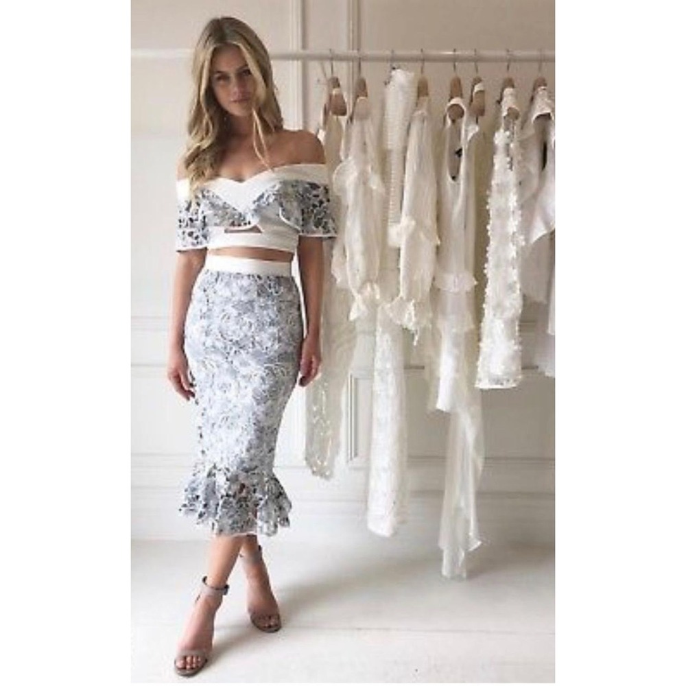 Donnee Par Dieu Floral Teal White Lace Two Piece Top Skirt Set Womens Size Small